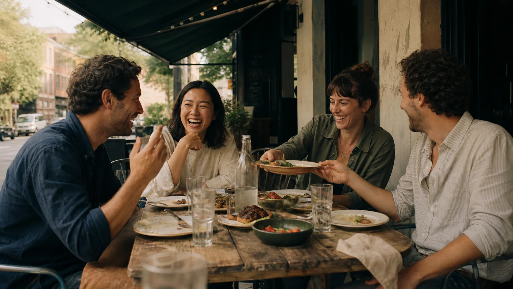 Four friends laughing together over lunch at a neighborhood restaurant